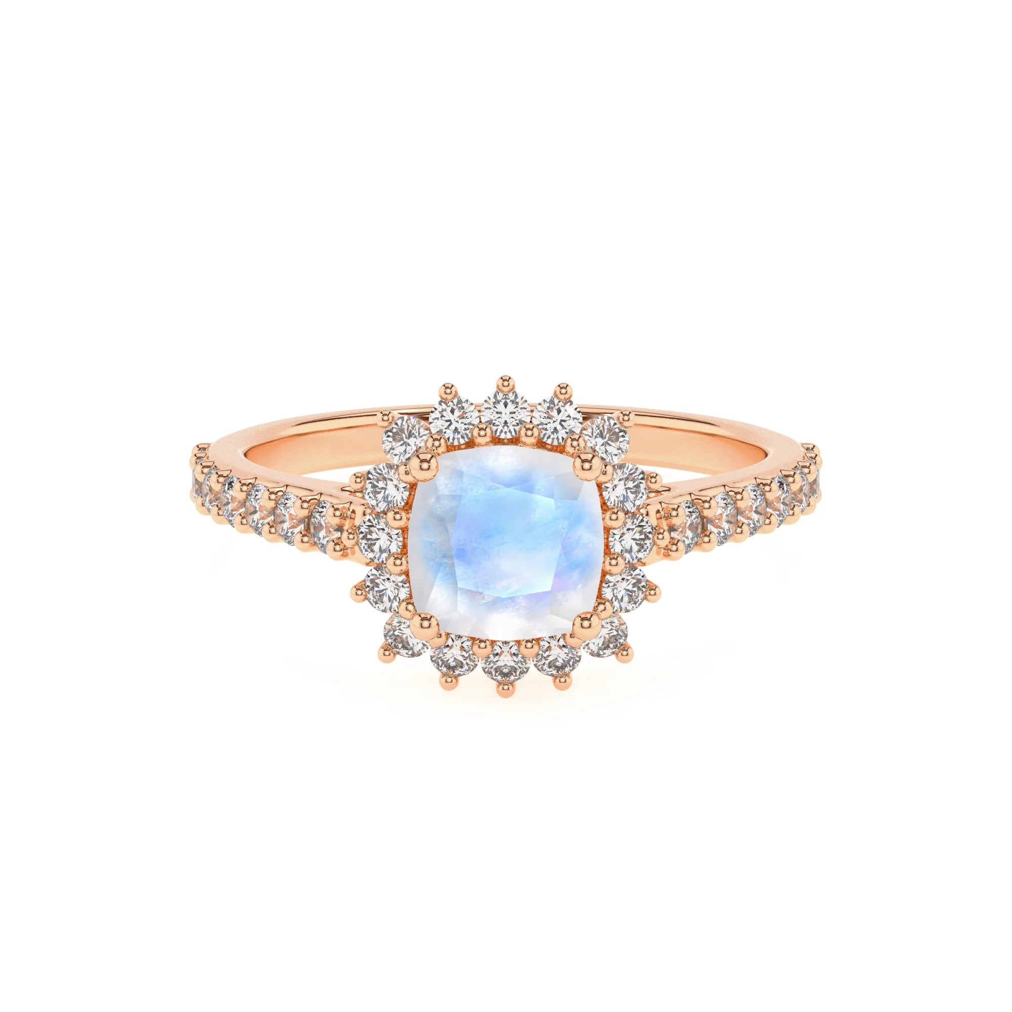 natural rainbow-moonstone cushion solitaire rings in rose gold 