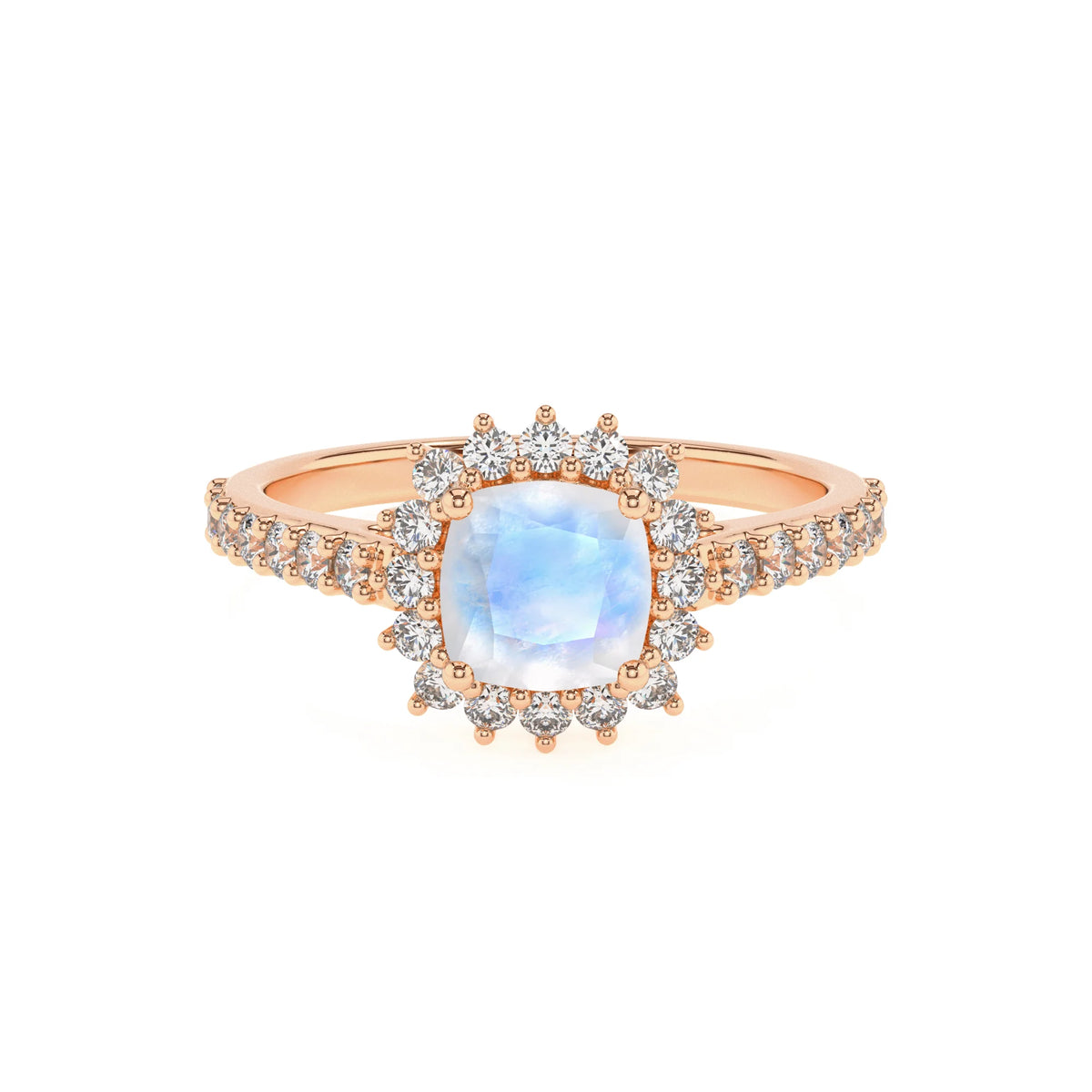 natural rainbow-moonstone cushion solitaire rings in rose gold 