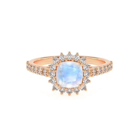 natural rainbow-moonstone cushion solitaire rings in rose gold 