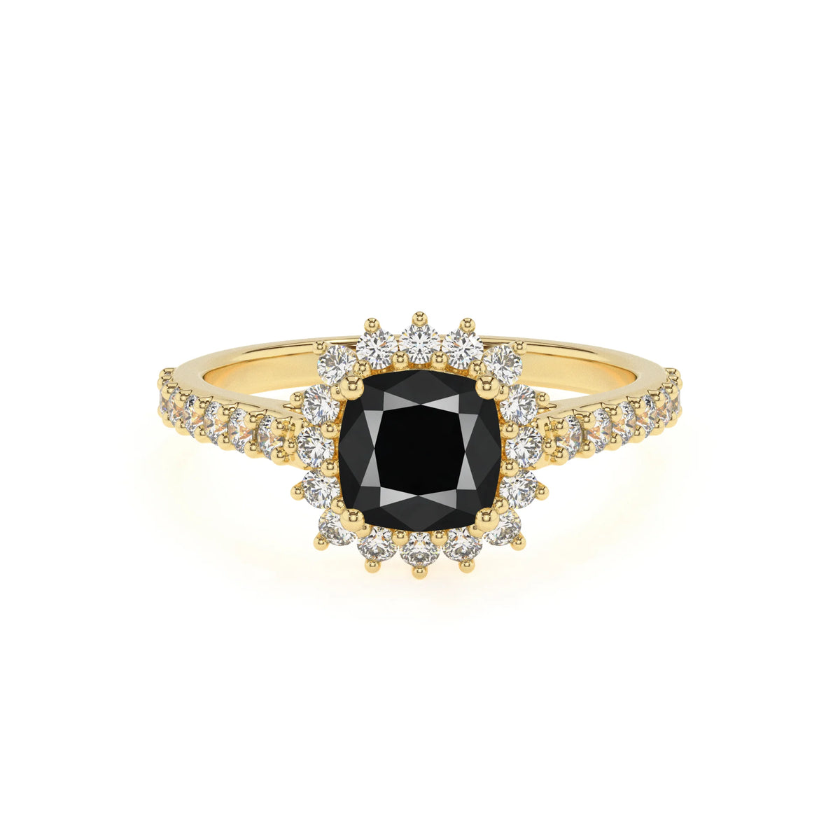 natural black-onyx cushion solitaire rings in yellow gold 