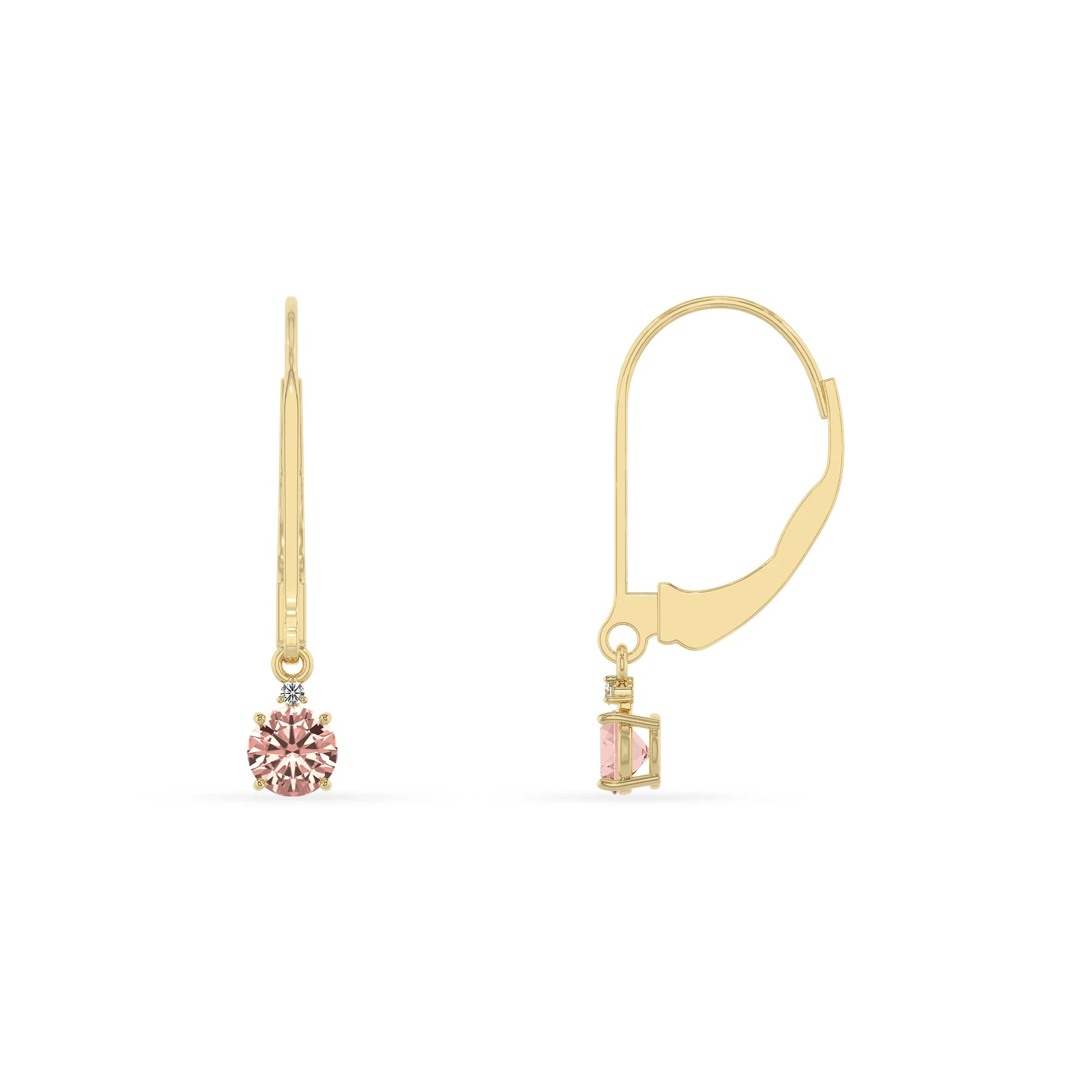 lab grown morganite round drop earrings in yellow gold 