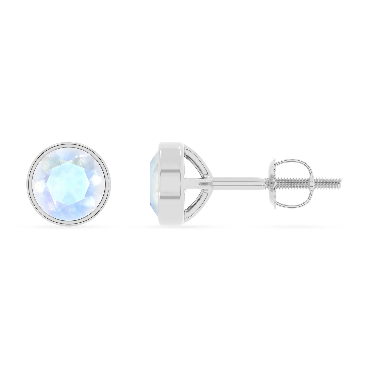 natural rainbow moonstone round stud earrings in white gold 