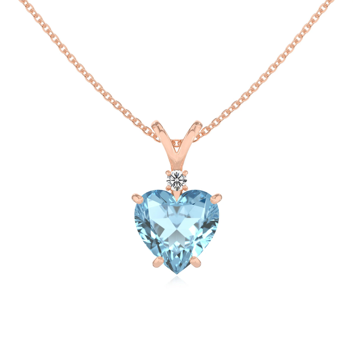 lab grown aquamarine heart solitaire v-bale necklaces in rose gold 