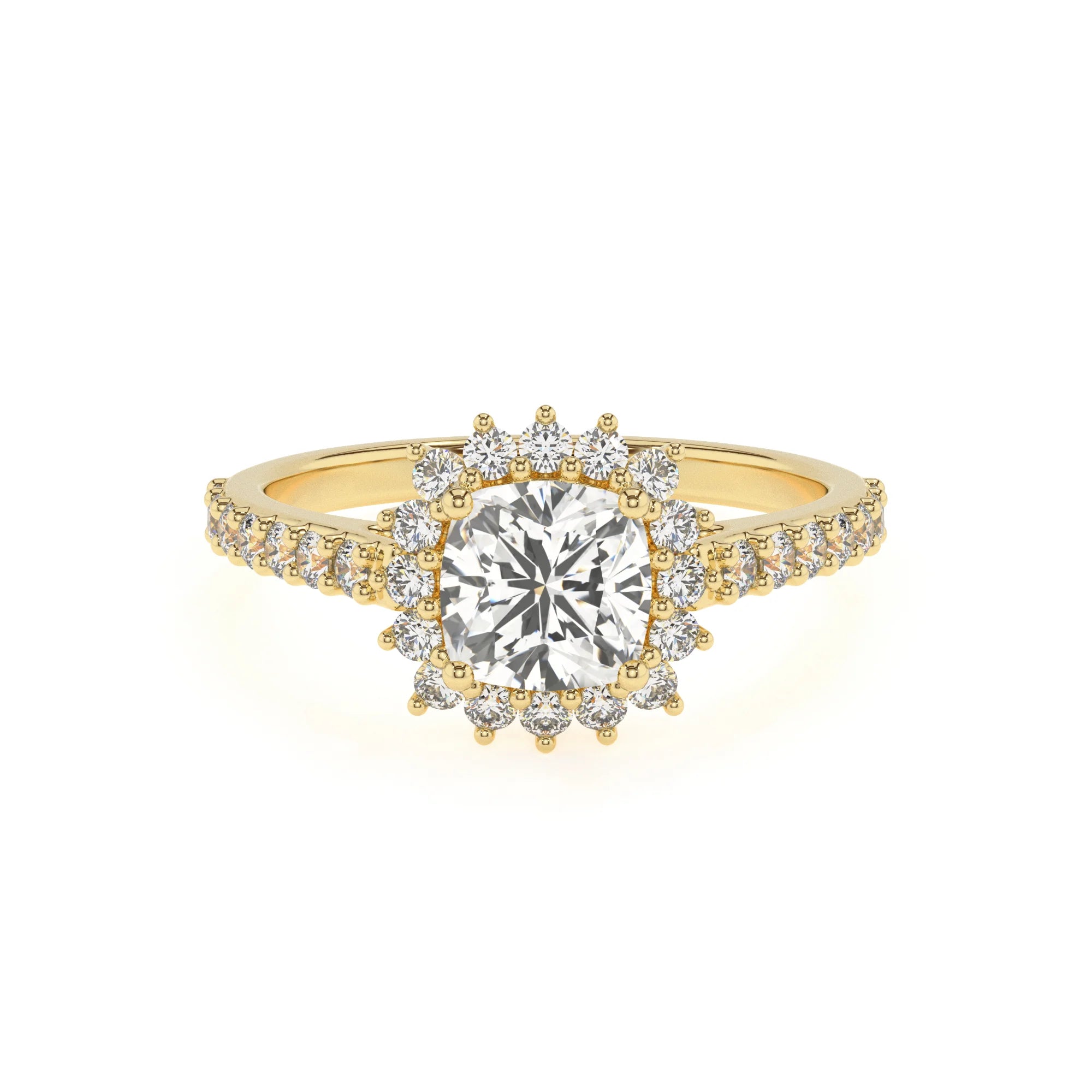 lab grown moissanite cushion solitaire rings in yellow gold 