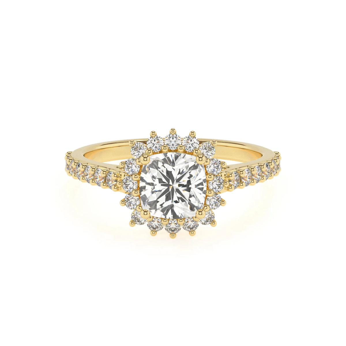 lab grown moissanite cushion solitaire rings in yellow gold 