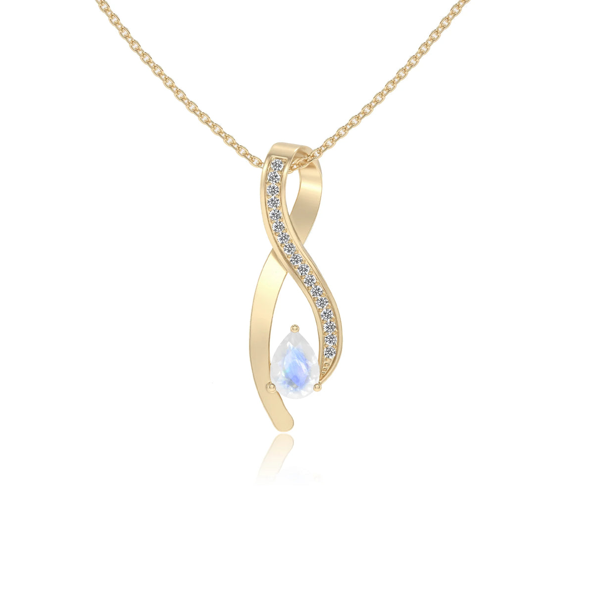natural rainbow-moonstone pear solitaire necklaces in yellow gold 
