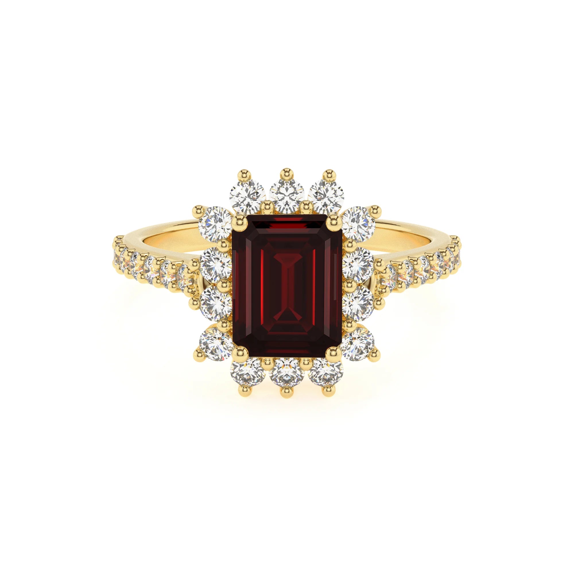 natural garnet emerald cut solitaire rings in yellow gold 