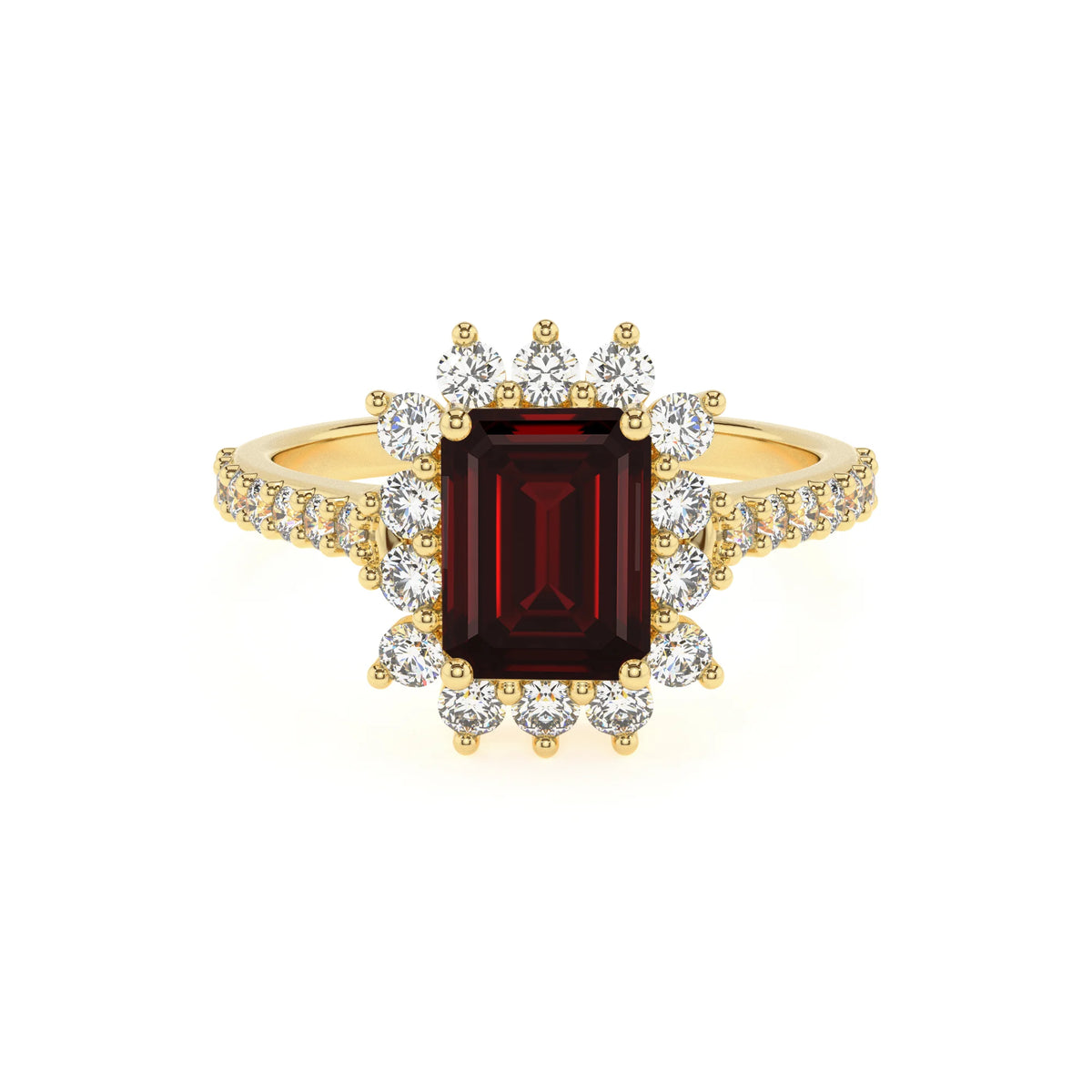 natural garnet emerald cut solitaire rings in yellow gold 