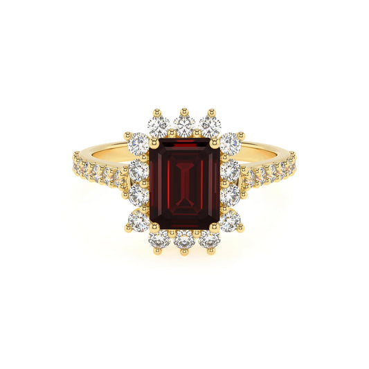 natural garnet emerald cut solitaire rings in yellow gold 