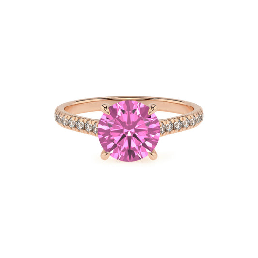 lab grown pink-sapphire round half eternity solitaire engagement rings in rose gold 
