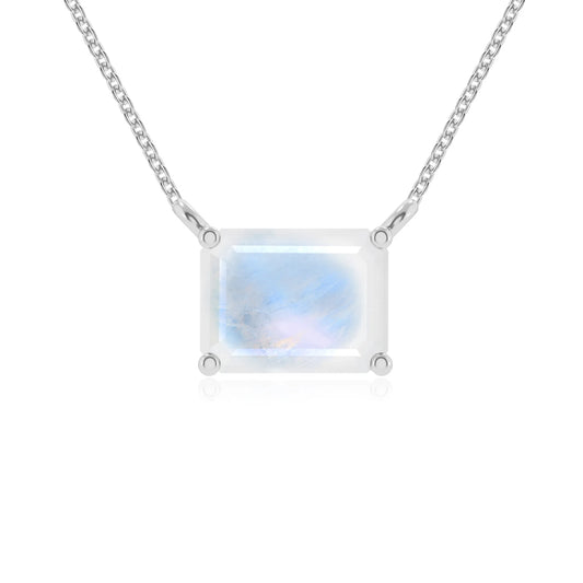 natural rainbow-moonstone emerald cut solitaire necklaces in platinum 