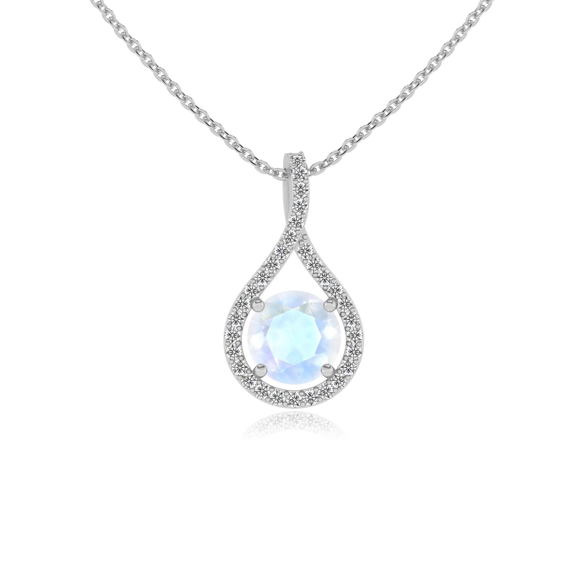 natural rainbow-moonstone round solitaire necklaces in sterling silver 