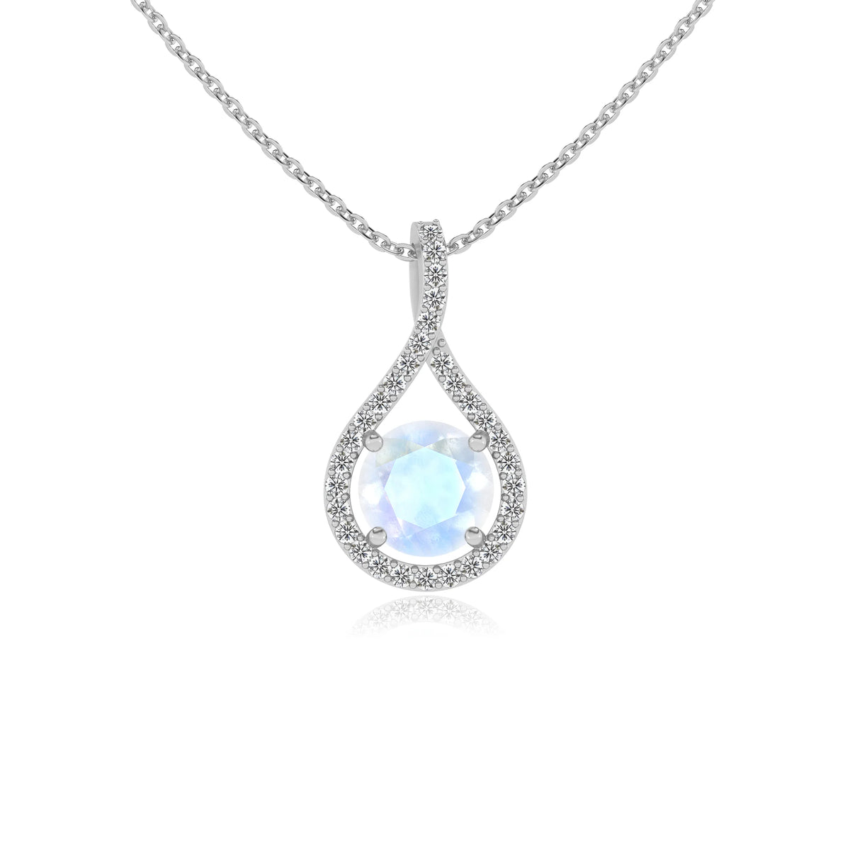 natural rainbow-moonstone round solitaire necklaces in sterling silver 