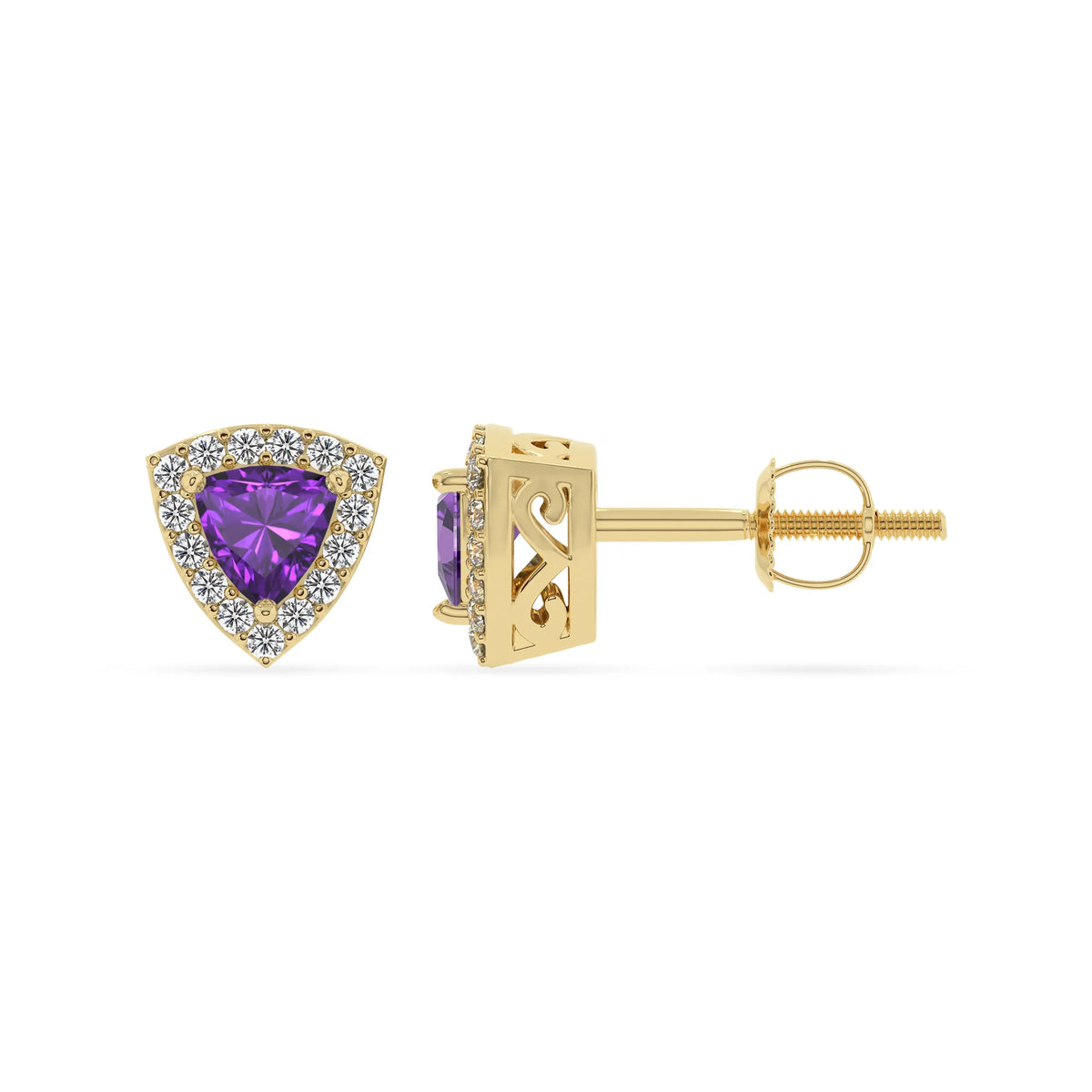 lab grown amethyst trillion stud earrings in yellow gold 