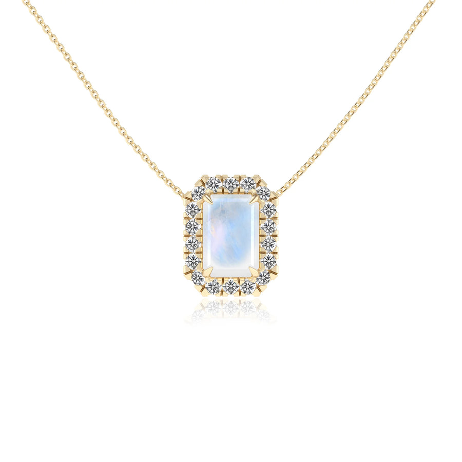 natural rainbow moonstone emerald cut solitaire necklaces in yellow gold 