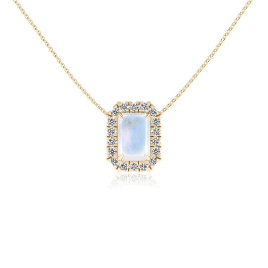 natural rainbow moonstone emerald cut solitaire necklaces in yellow gold 
