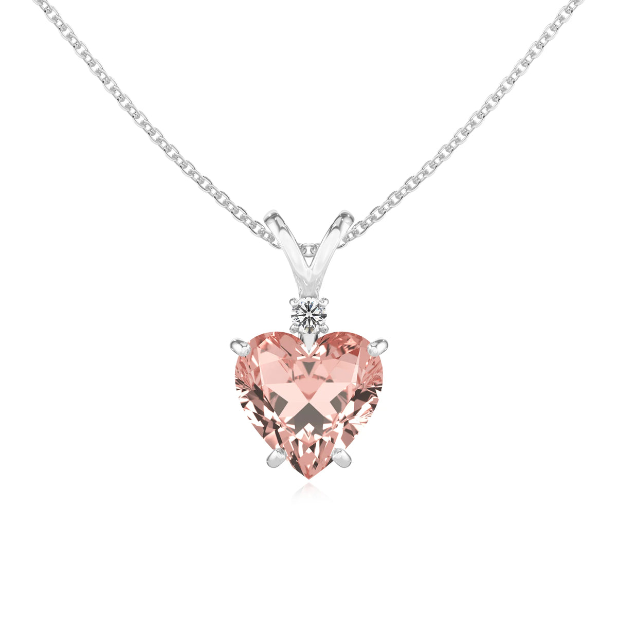 lab grown morganite heart solitaire v-bale necklaces in platinum 
