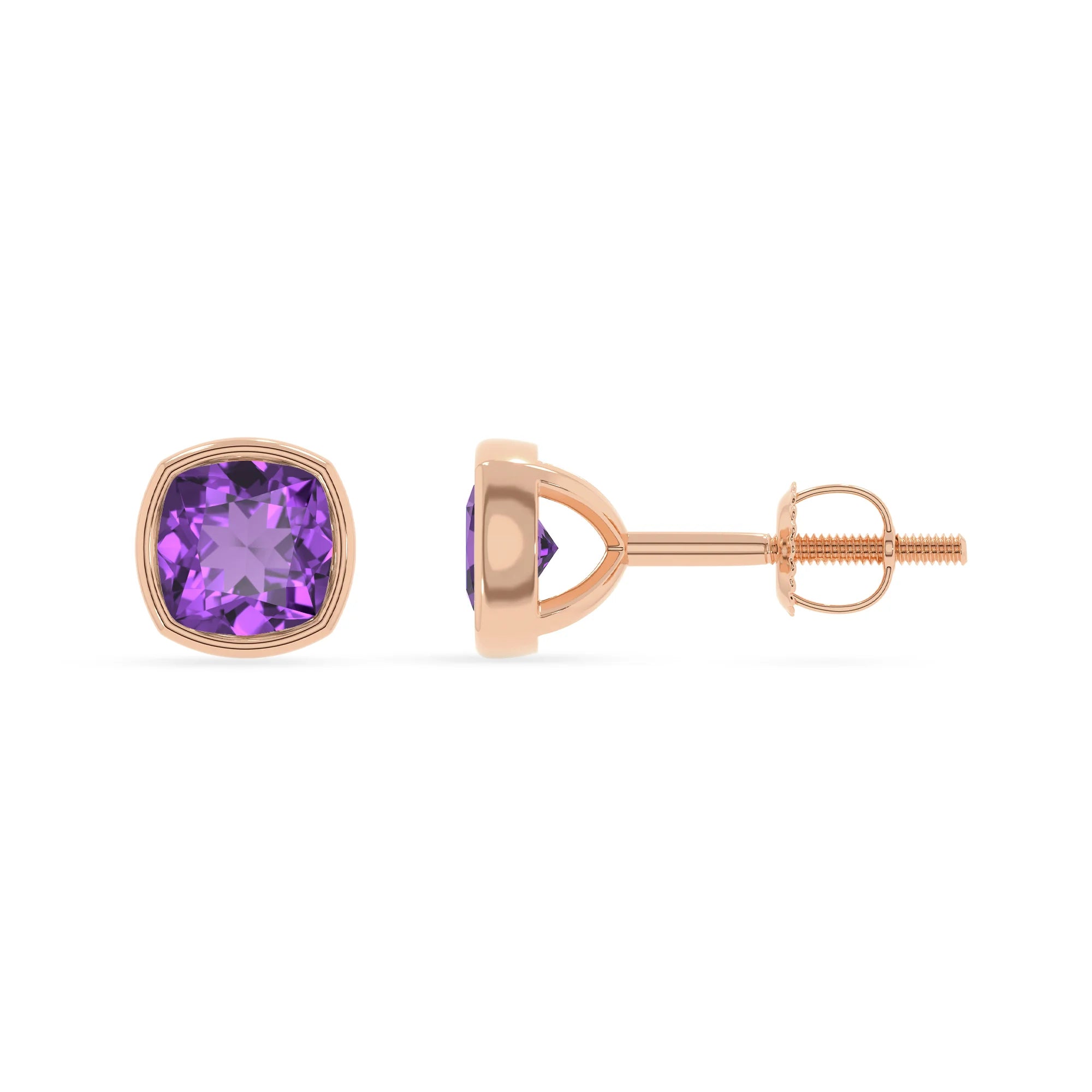 lab grown amethyst cushion stud earrings in rose gold 