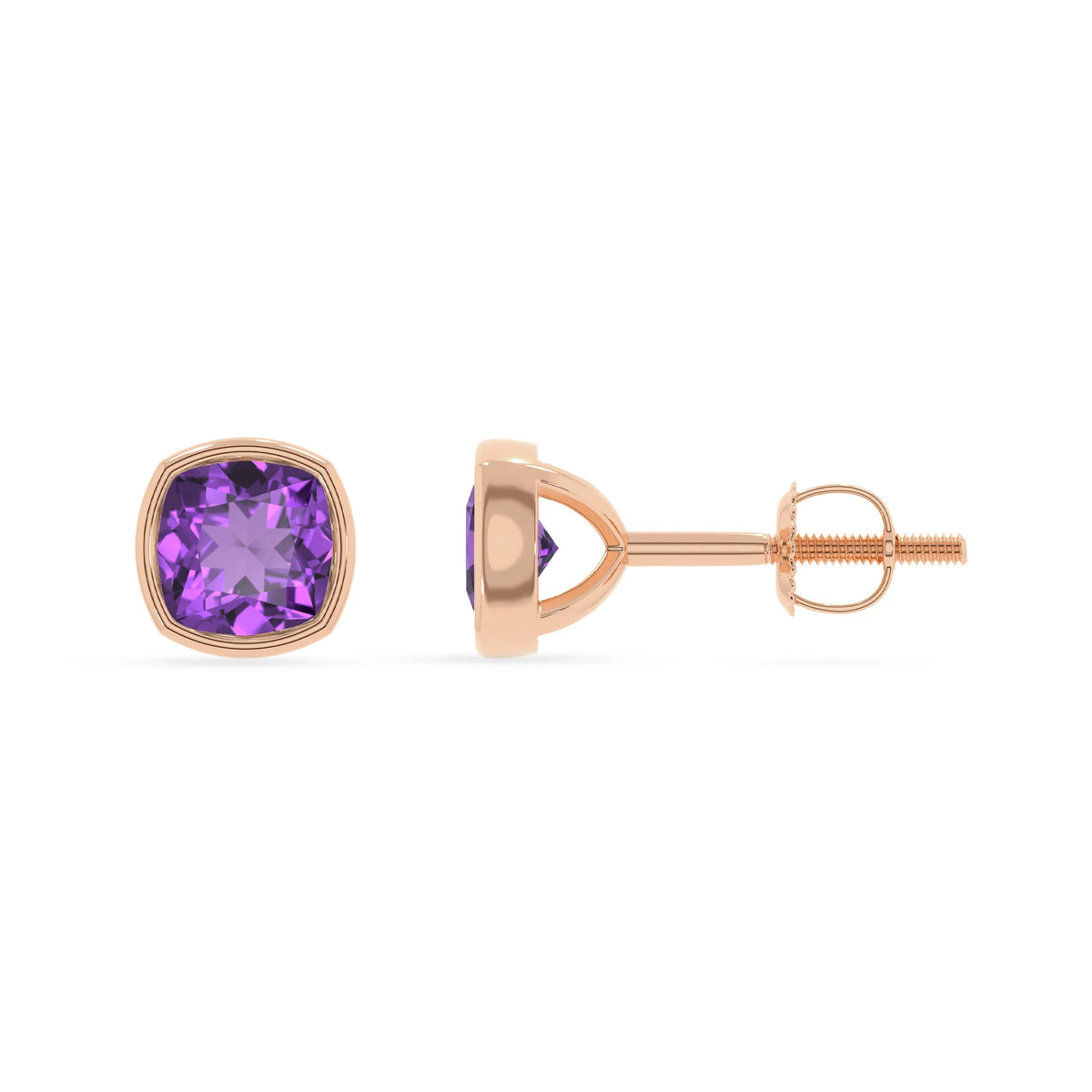 lab grown amethyst cushion stud earrings in rose gold 
