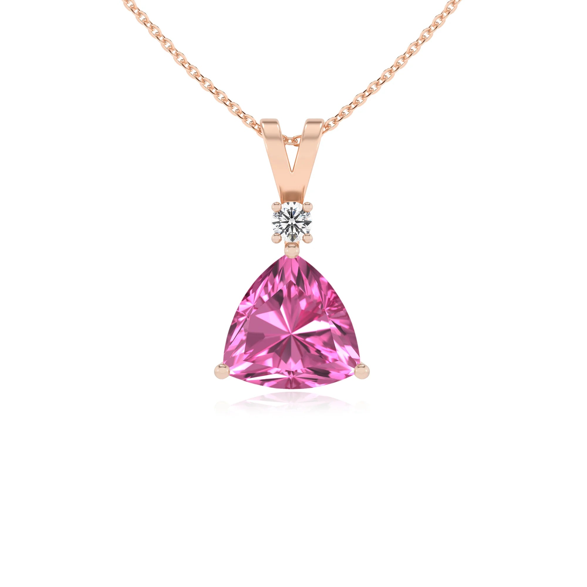 lab grown pink-sapphire trillion solitaire v-bale necklaces in rose gold 