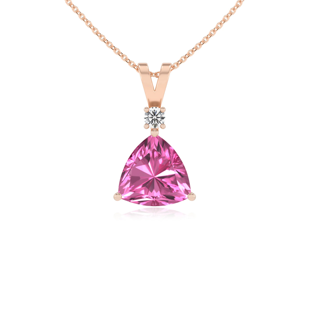 lab grown pink-sapphire trillion solitaire v-bale necklaces in rose gold 