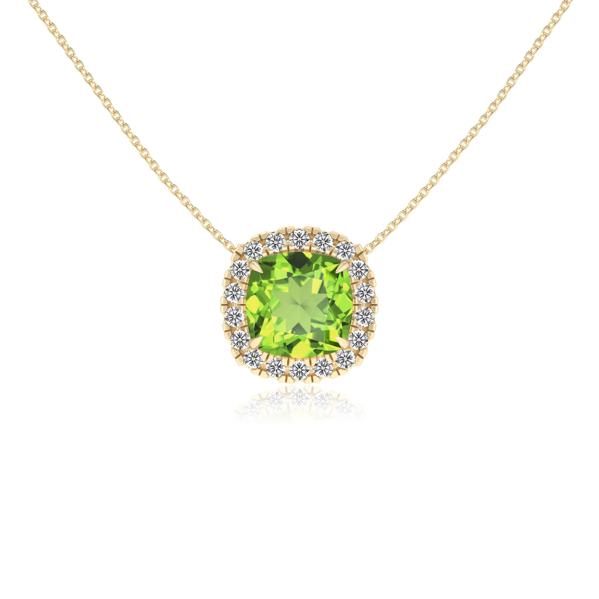 natural peridot cushion solitaire necklaces in yellow gold 