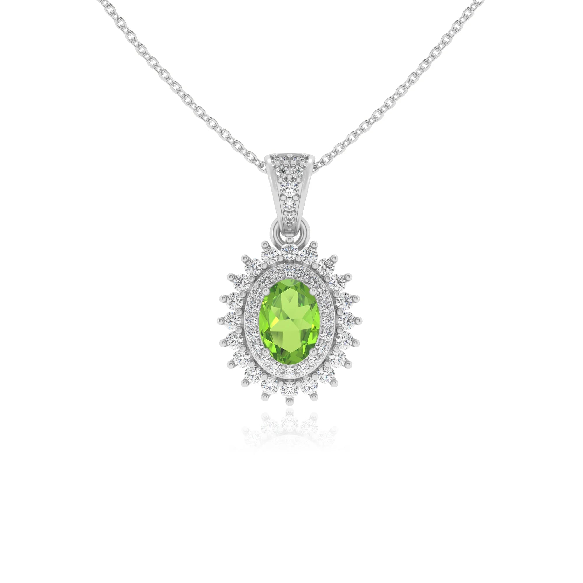 natural peridot oval halo necklaces in white gold 