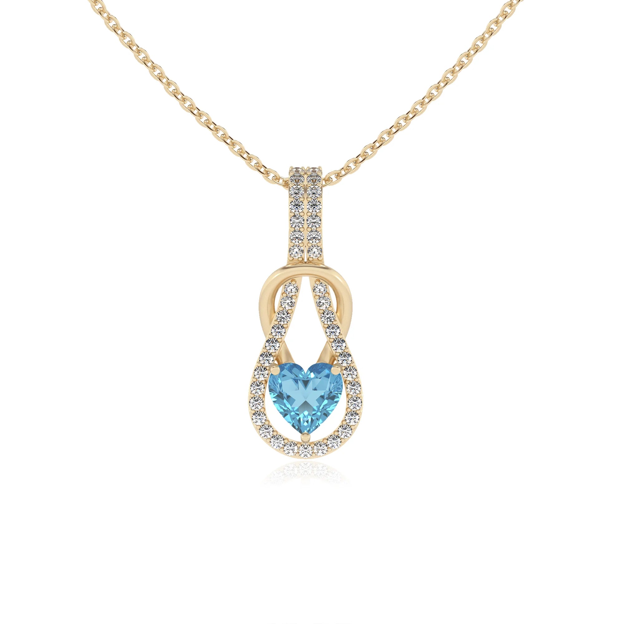 natural swiss-blue-topaz heart infinity  v-bale necklaces in yellow gold 