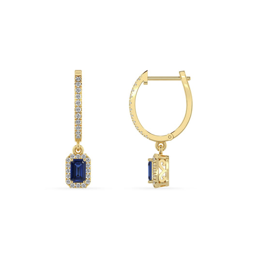 lab grown blue sapphire emerald cut drop earrings in yellow gold 
