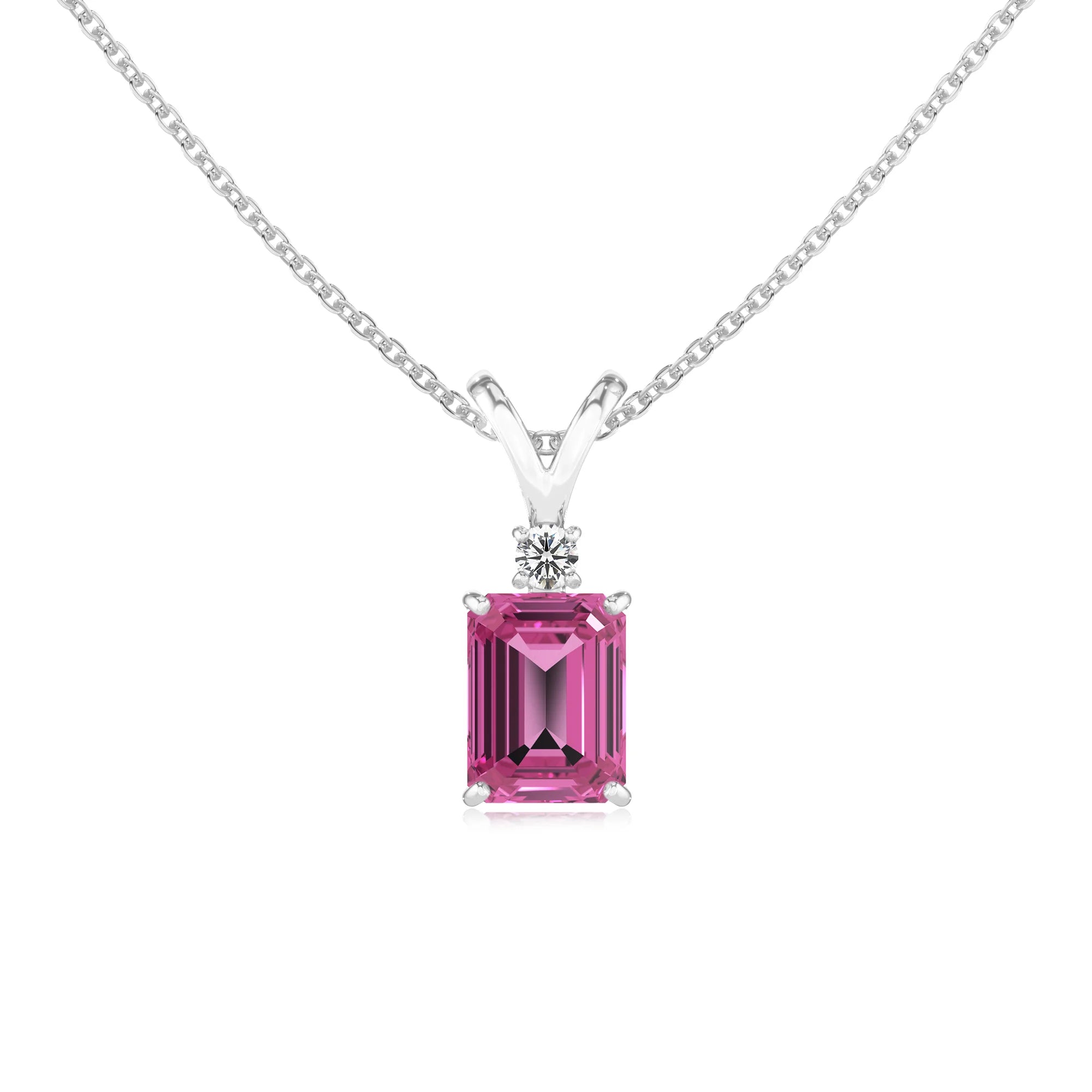lab grown pink-sapphire emerald cut solitaire v-bale necklaces in platinum 