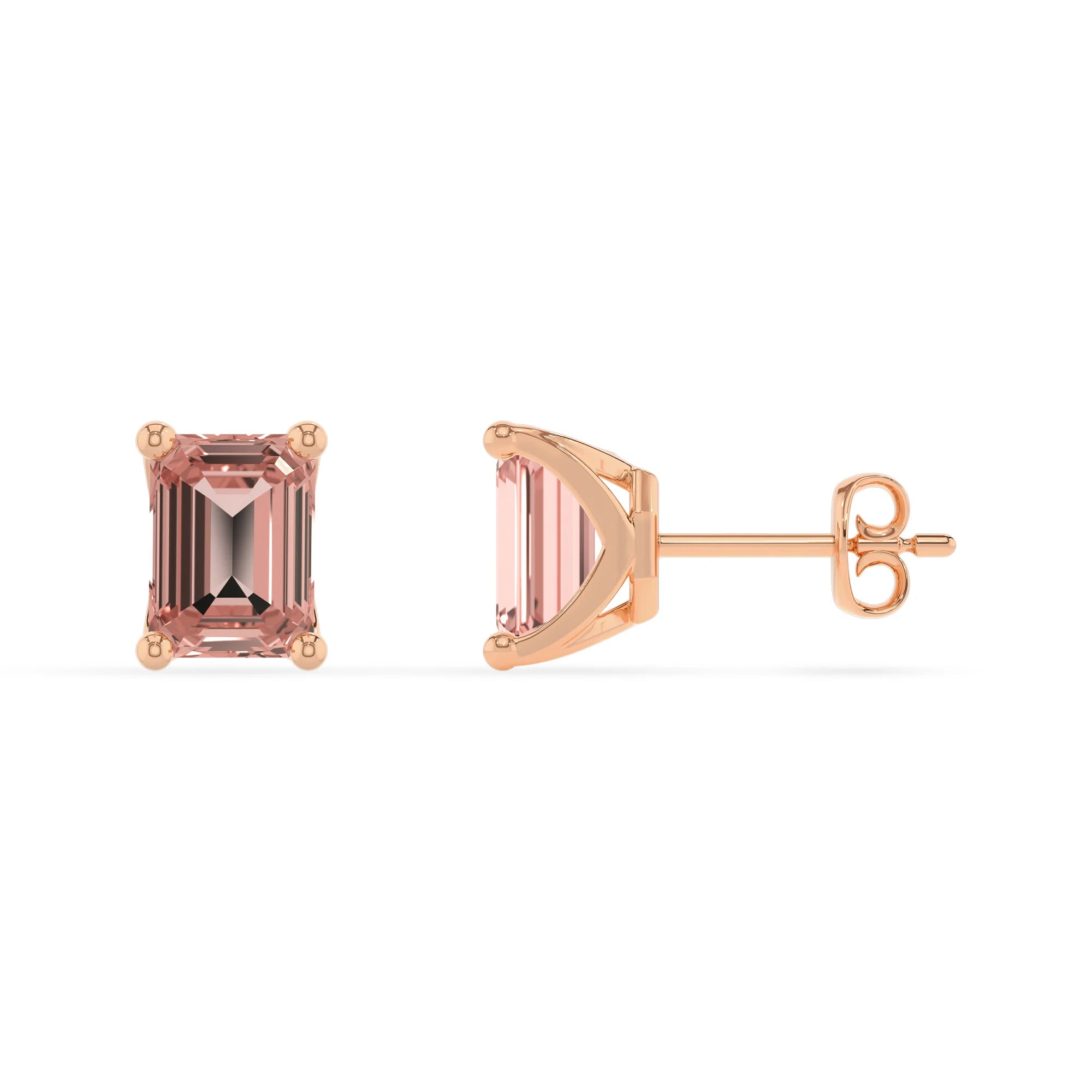 lab grown morganite emerald cut stud earrings in rose gold 