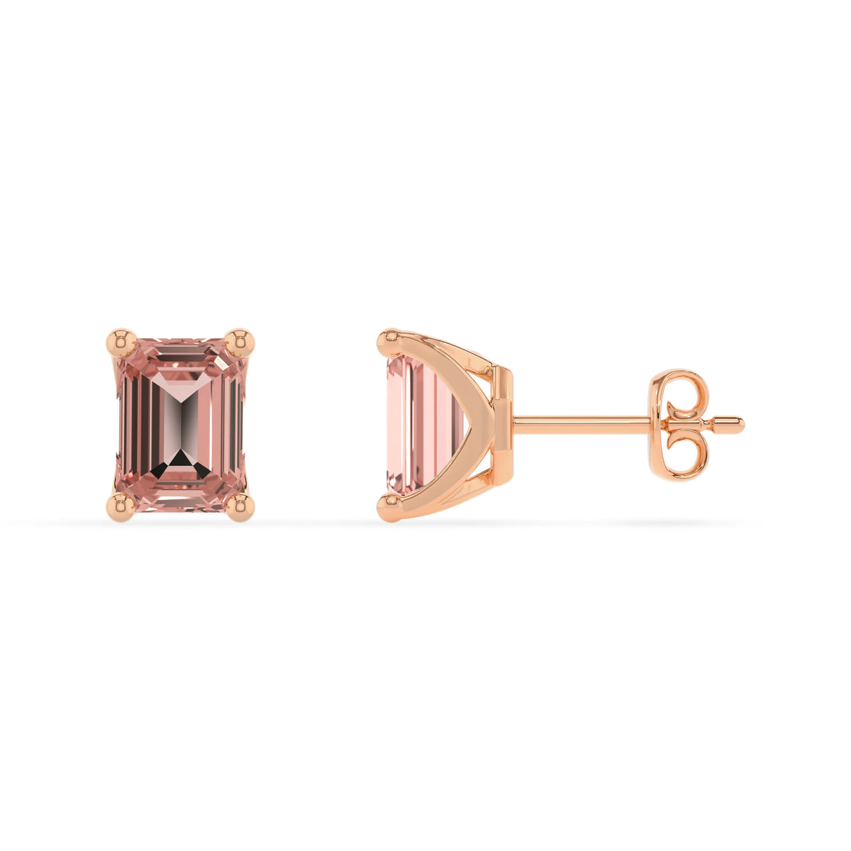 lab grown morganite emerald cut stud earrings in rose gold 