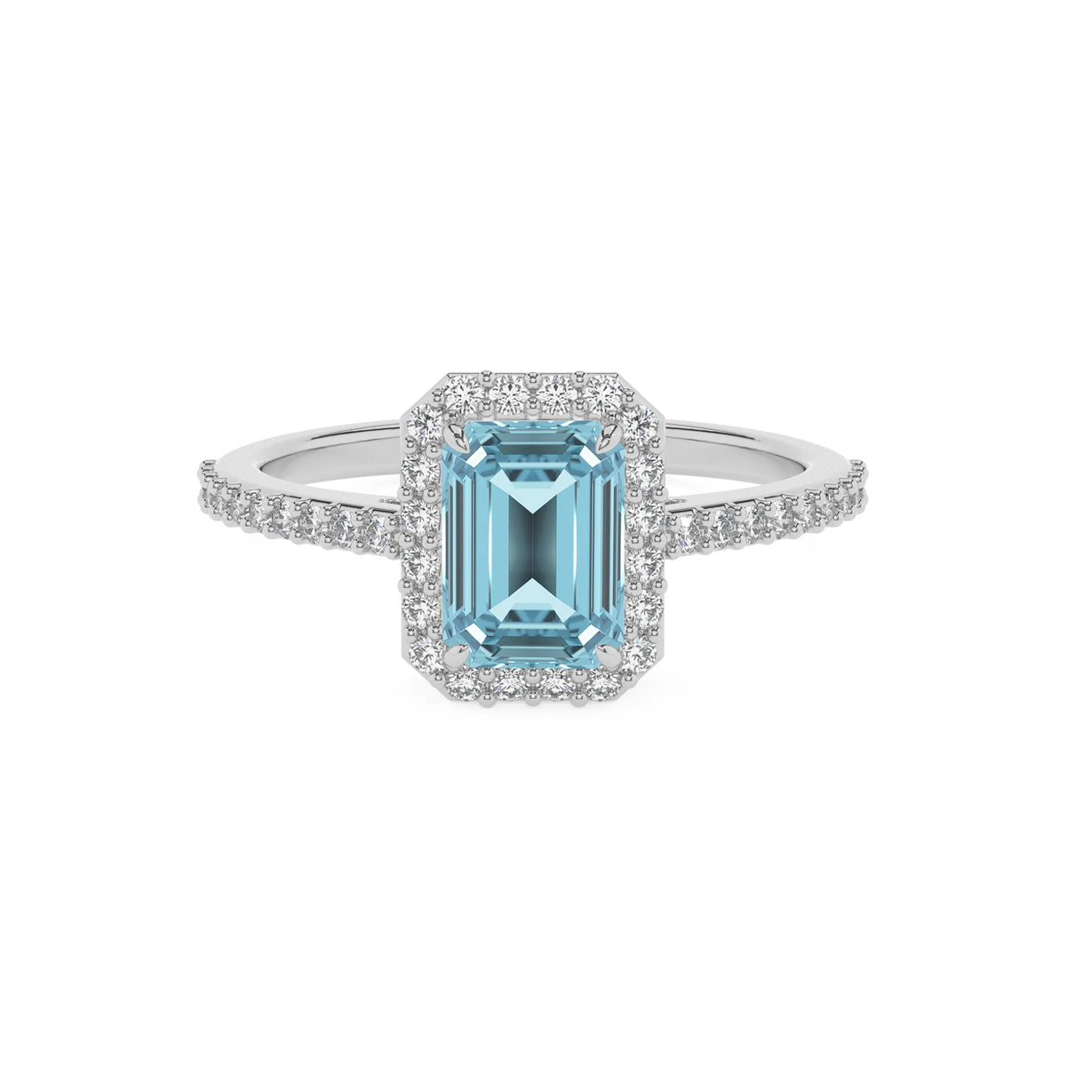 lab grown aquamarine emerald cut solitaire rings in platinum 