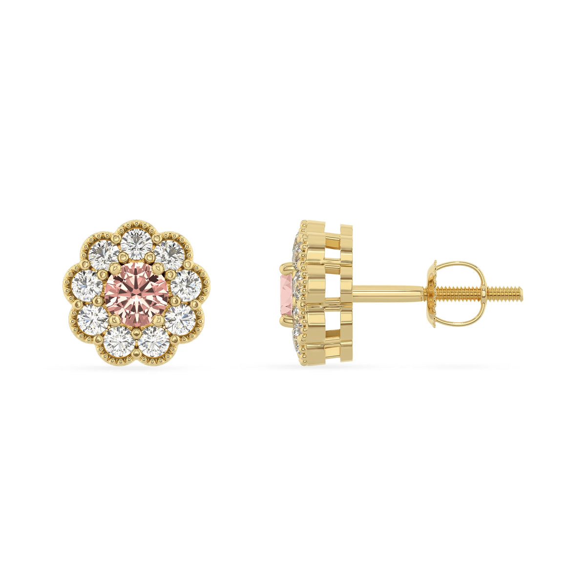 lab grown morganite round stud earrings in yellow gold 