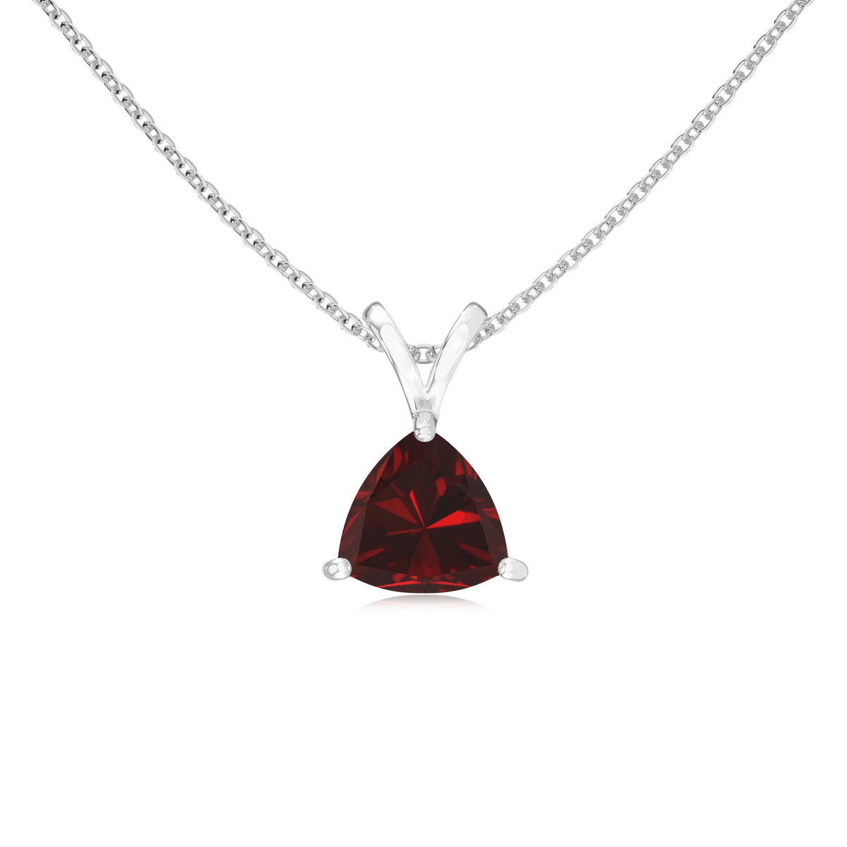 natural garnet trillion solitaire v-bale necklaces in white gold 