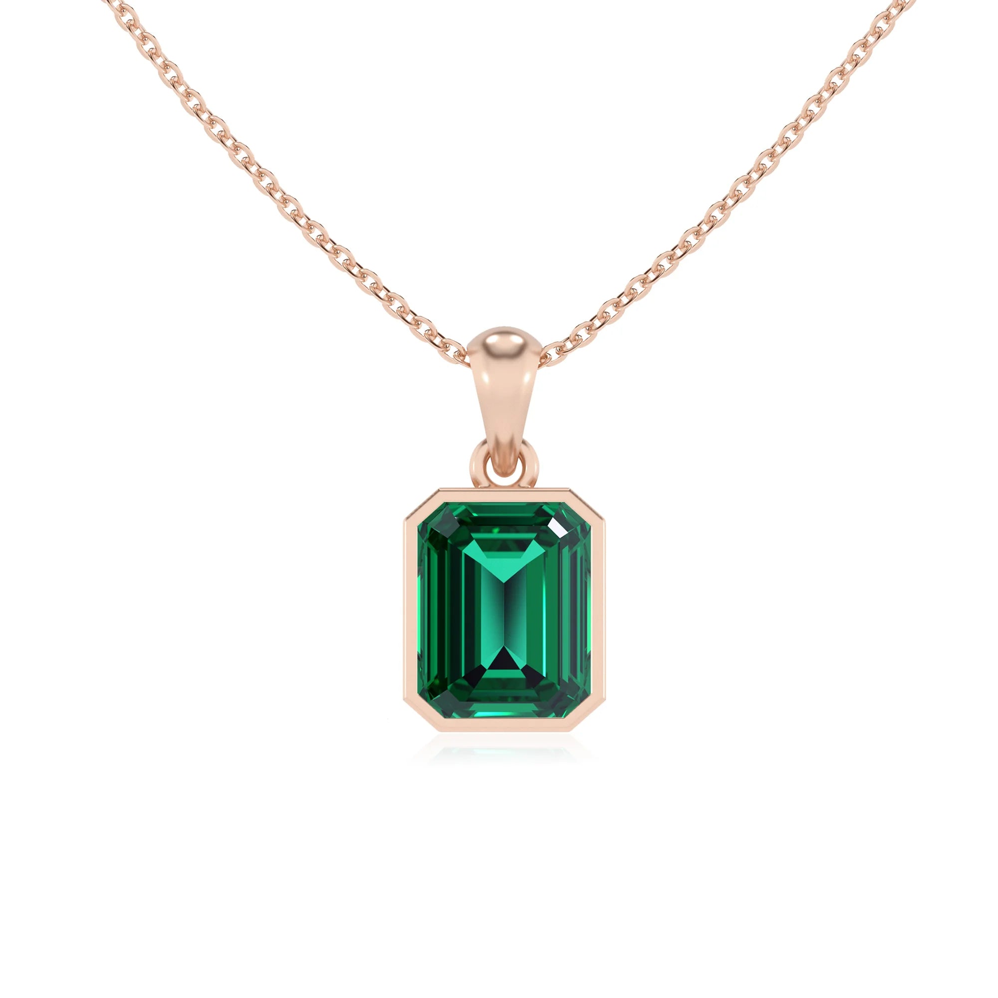 lab grown emerald octogon cut solitaire necklaces in rose gold 