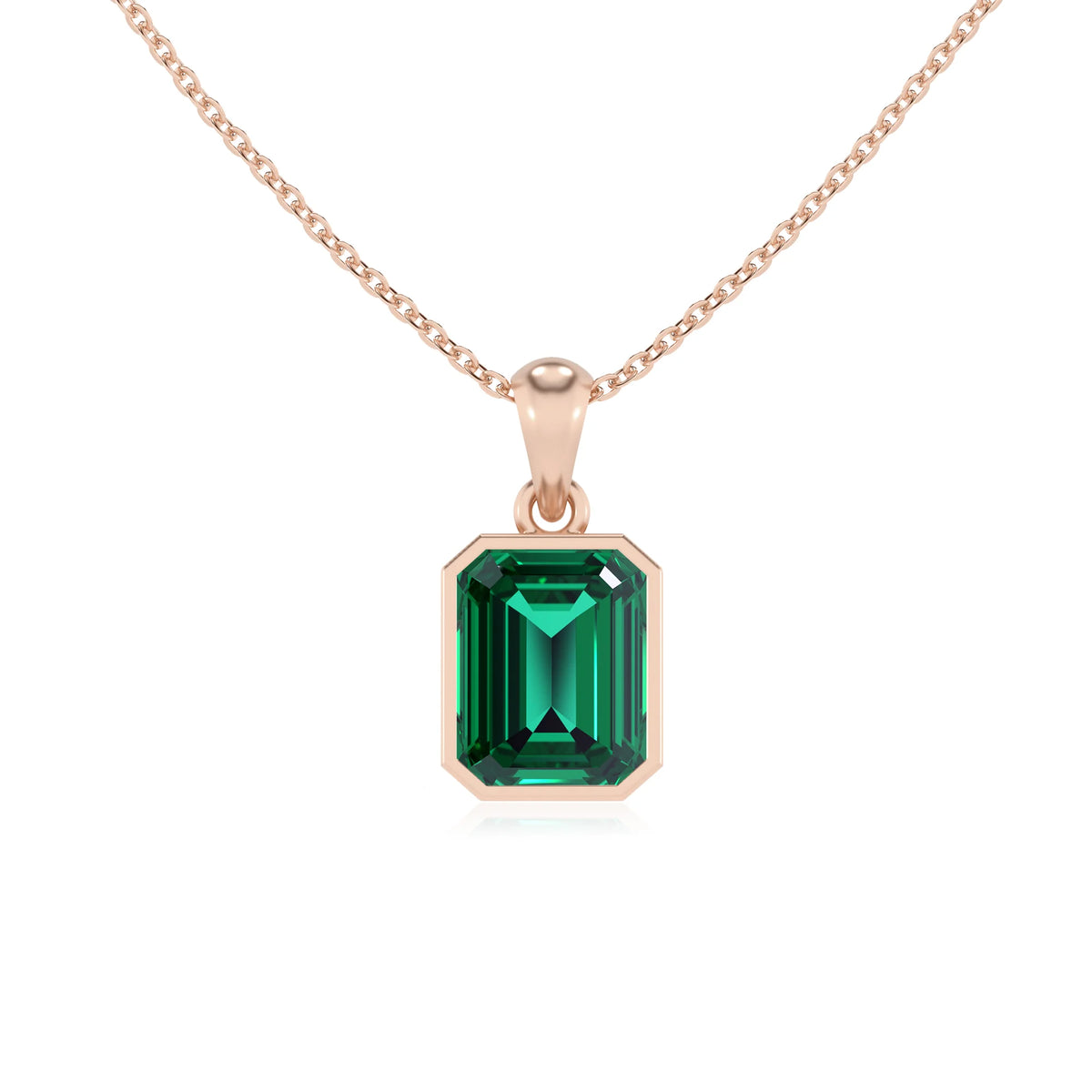 lab grown emerald octogon cut solitaire necklaces in rose gold 