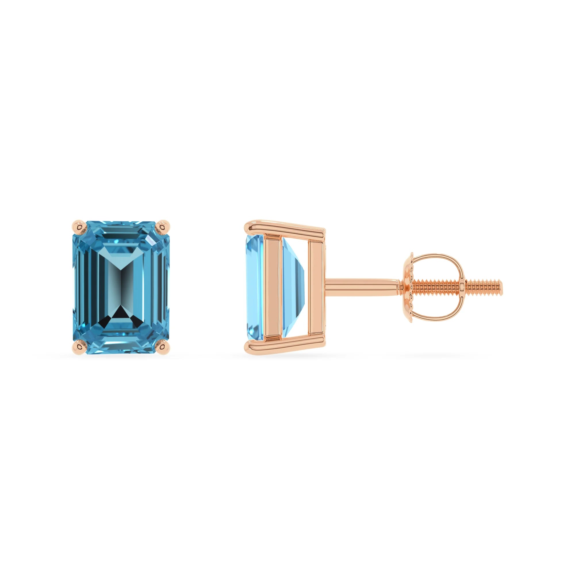 natural swiss blue topaz emerald cut stud earrings in rose gold 