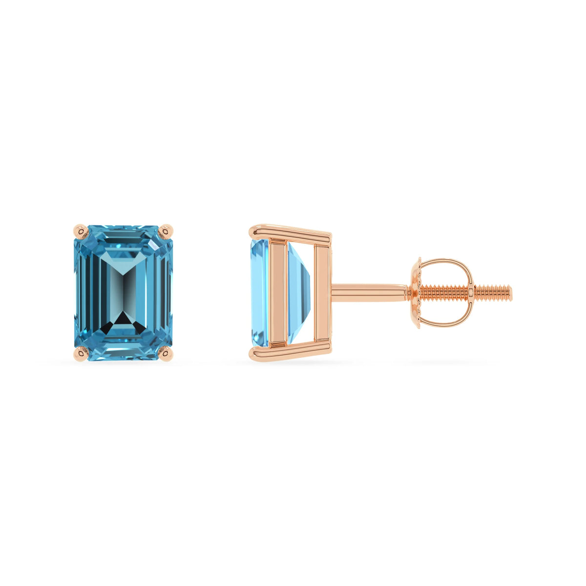 natural swiss blue topaz emerald cut stud earrings in rose gold 