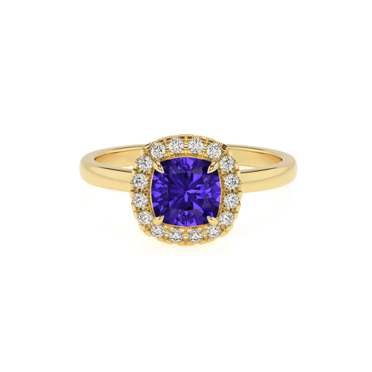 lab grown tanzanite cushion solitaire rings in yellow gold 