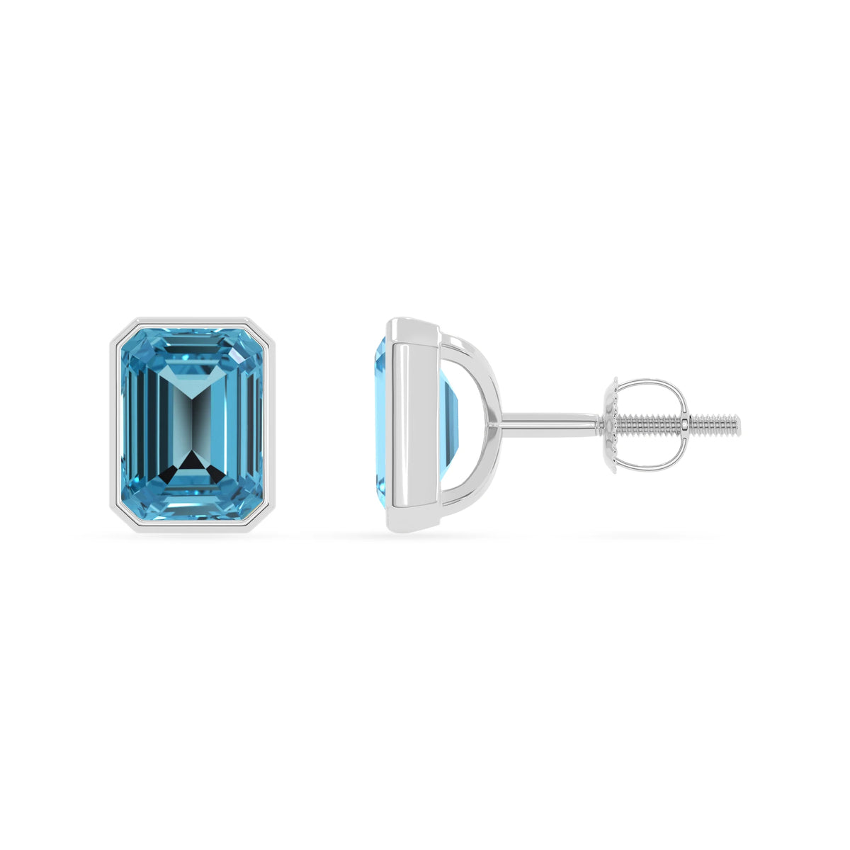 Natural Swiss Blue Topaz Emerald-Cut Solitaire Stud Earrings