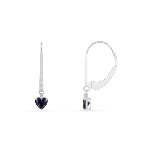 lab grown alexandrite heart drop earrings in white gold 