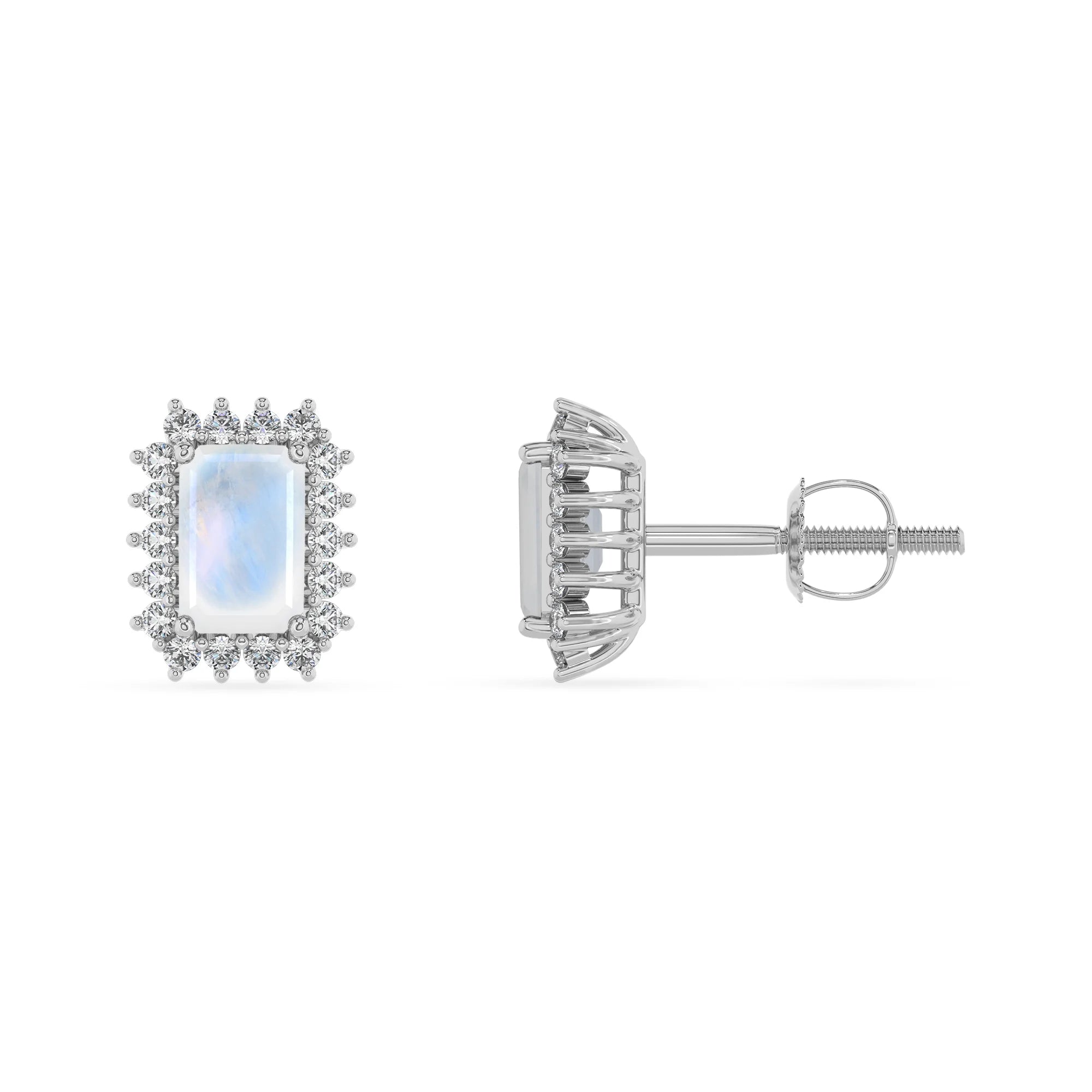 natural rainbow moonstone emerald cut stud earrings in white gold 