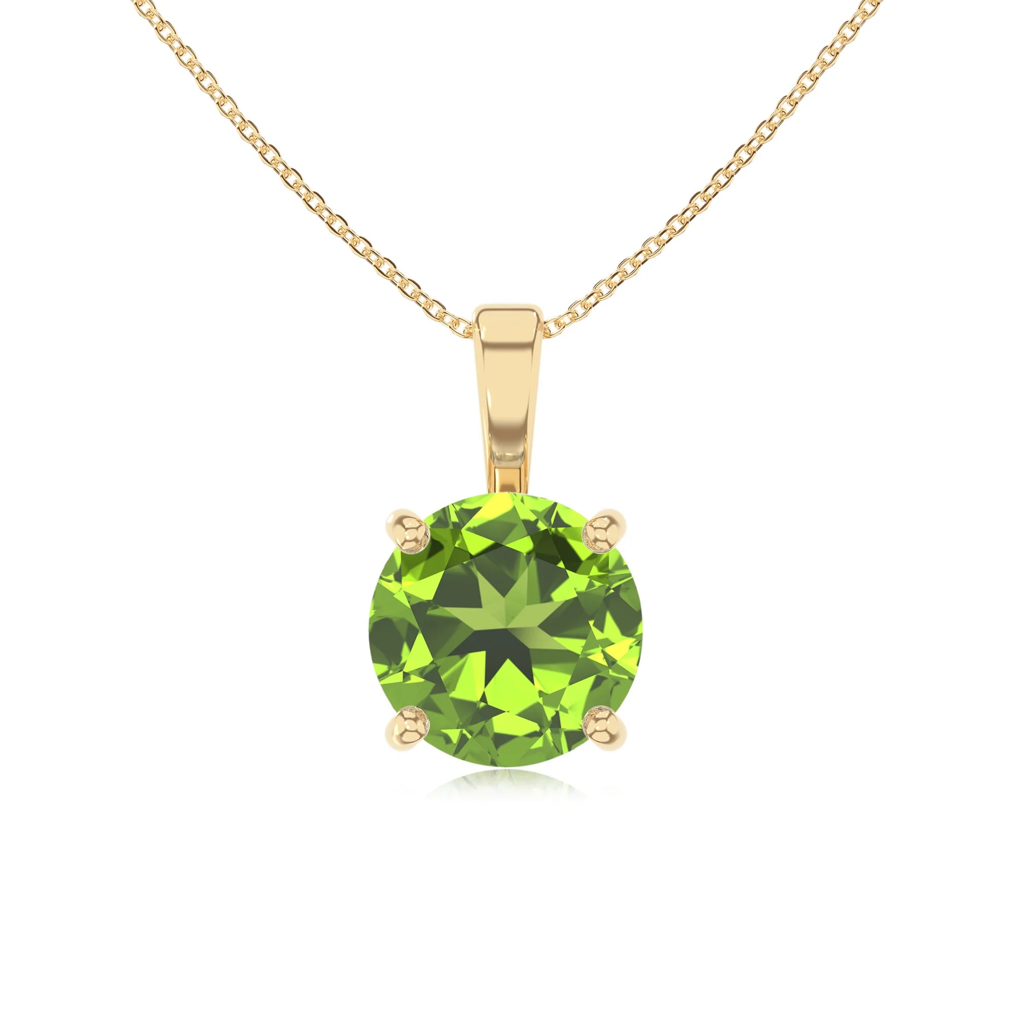 natural peridot round solitaire necklaces in yellow gold 