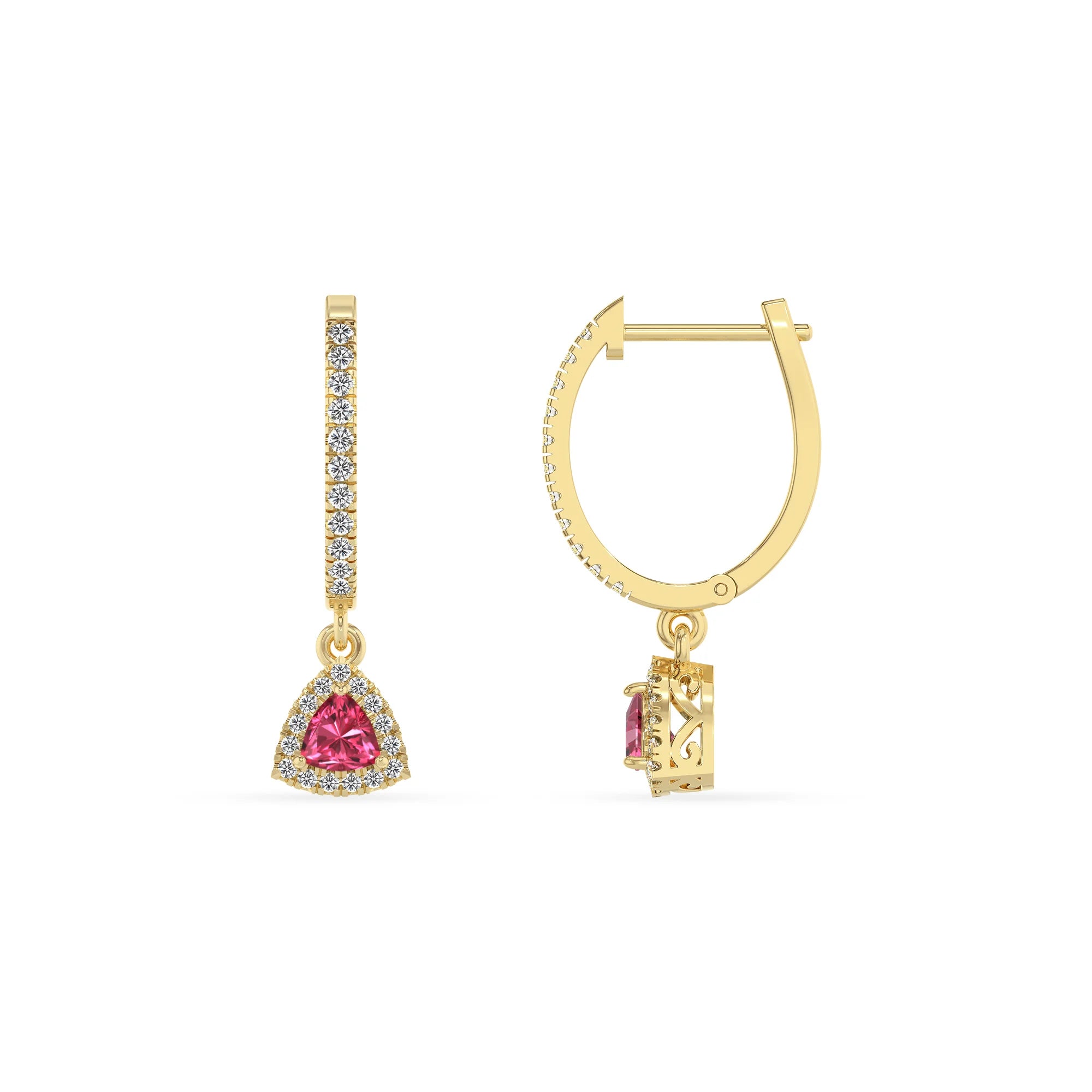 lab grown pink tourmaline trillion drop earrings in yellow gold 