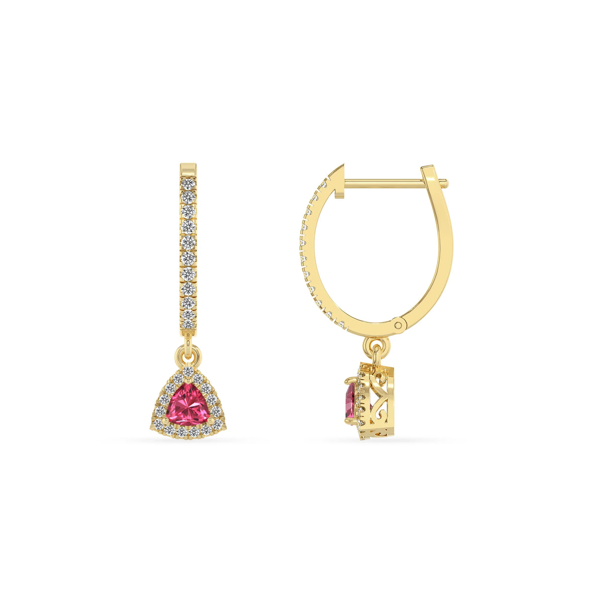 lab grown pink tourmaline trillion drop earrings in yellow gold 