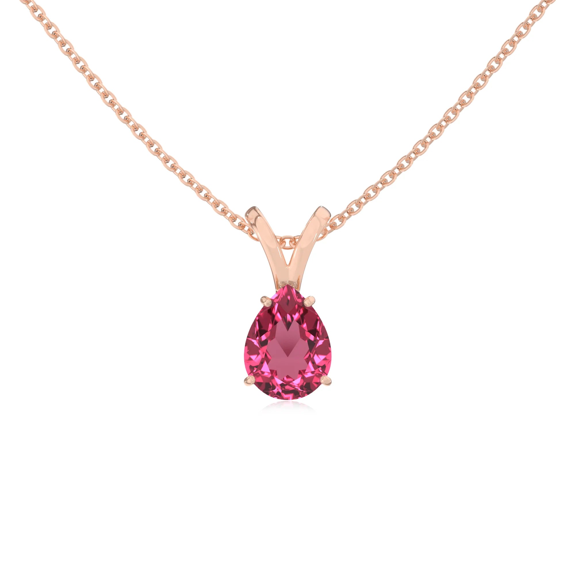 lab grown pink-tourmaline pear solitaire v-bale necklaces in rose gold 