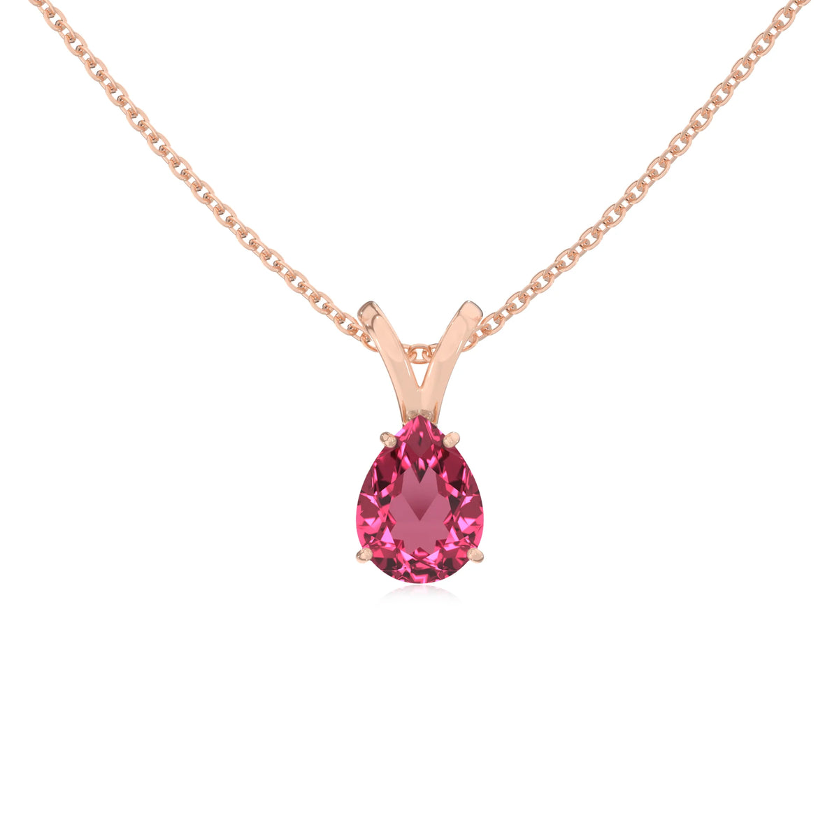 lab grown pink-tourmaline pear solitaire v-bale necklaces in rose gold 