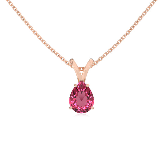 lab grown pink-tourmaline pear solitaire v-bale necklaces in rose gold 
