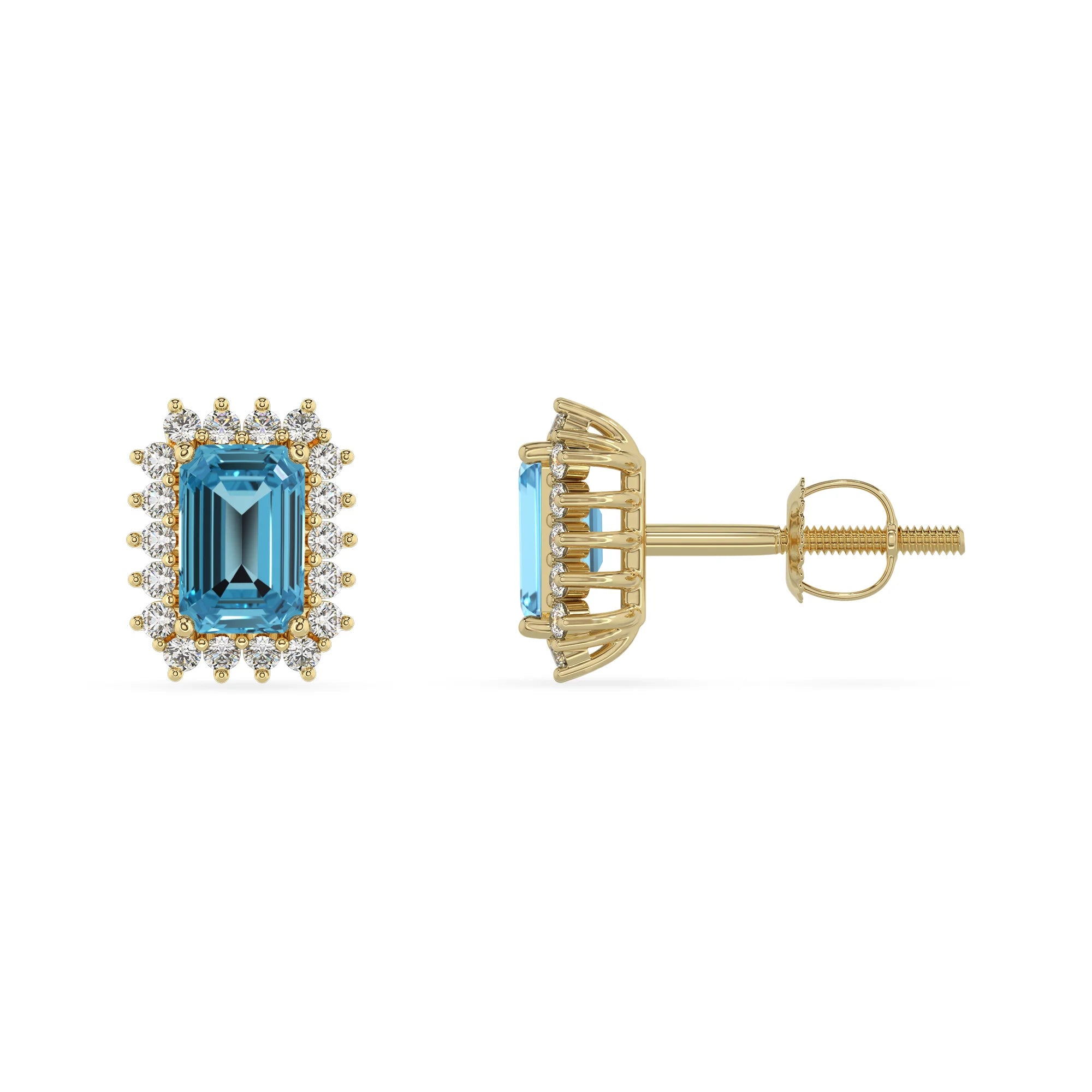 natural swiss blue topaz emerald cut stud earrings in yellow gold 